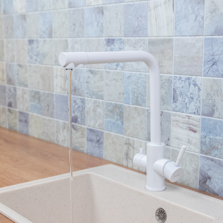 СоюзКран Смеситель для кухни с фильтром для пит. воды, картридж 35мм, нерж. сталь, белый SS01-G132