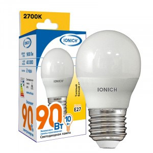 IONICH шар G45 E27 10W(900lm) 2700К 2K 45x80 матов./пластик/алюм ILED-SMD2835-G45 1802