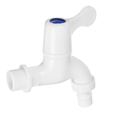 Кран водоразборный, 1/2" (15 мм), пластик, ручка-флаг, со штуцером, белый