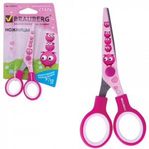 Ножницы BRAUBERG "Поросята", 130 мм, с цв. печатью поросят, розовые, европодвес 232272