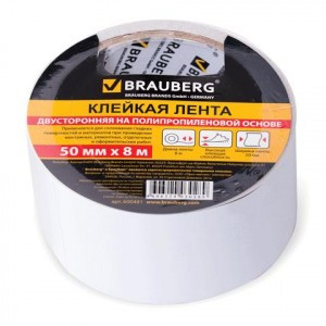 Клейкая лента двухсторонняя 50мм х 8м BRAUBERG основа-полипропилен, гарантиров. длина, 90мкм, 600481
