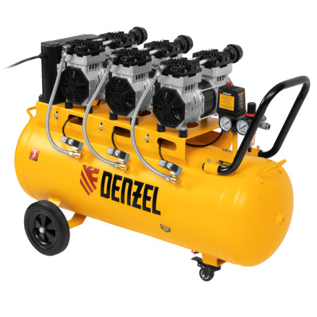 Компрессор безмасляный, малошумный DLS 2250/100, 2250 Вт, 3x750, 100 л, 410 л/мин блок управления/ Denzel