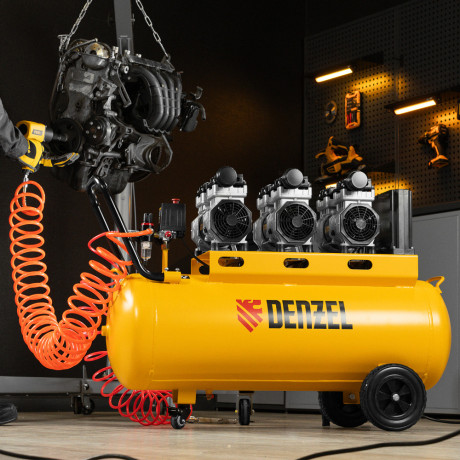 Компрессор безмасляный, малошумный DLS 2250/100, 2250 Вт, 3x750, 100 л, 410 л/мин блок управления/ Denzel