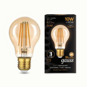 Gauss Filament лампа A60 E27 10W Golden (820lm) 2400K 2K филамент (нитев) 102802010