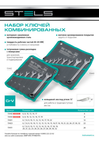 Набор ключей комбинированных 6-19 мм, 8 шт., CrV, матовый хром Stels