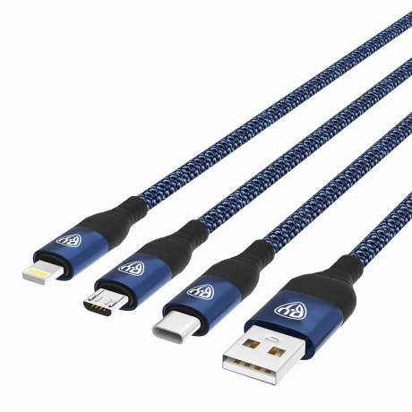 BY Кабель для зарядки Diverse 3в1 iP/microUSB /Type-C, 1,5м,Быстрая зарядка 2.4А,12W,тканевый,синий