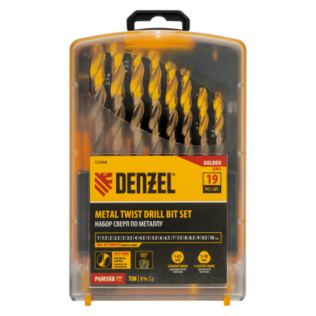 Набор сверл по металлу, 1-10 мм, Р6М5К8-TiN, Golden Tip, 19 шт Denzel