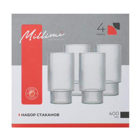 MILLIMI Набор стаканов Астра 400 мл, 4 шт, стекло, рифленый