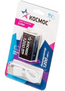 Ак-р Космос 6F22/Крона/9V Li-ion 1200mWh (~1000mAh) прямой заряд через USB-C BL1 KOCLi9V1200mAh1BL