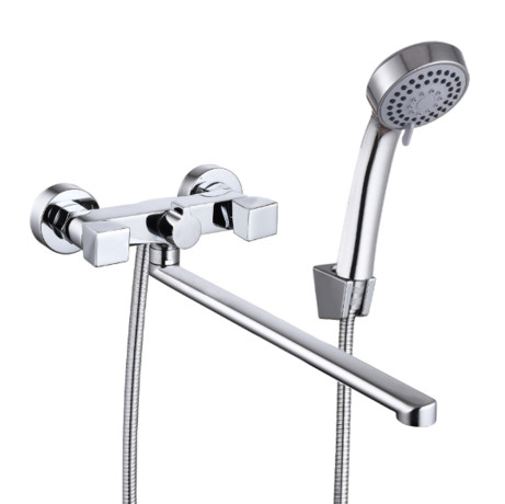 RAIN Смеситель для ванны Уран, прямой излив 35см, кранбуксы 1/2, душ. набор, ромб, латунь, хром