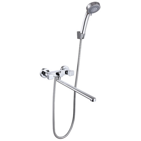 RAIN Смеситель для ванны Уран, прямой излив 35см, кранбуксы 1/2, душ. набор, ромб, латунь, хром