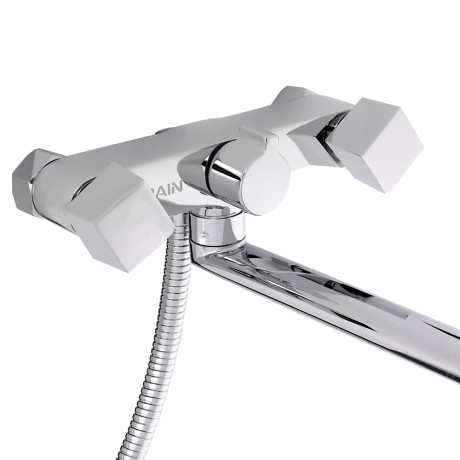 RAIN Смеситель для ванны Уран, прямой излив 35см, кранбуксы 1/2, душ. набор, ромб, латунь, хром