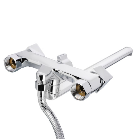 RAIN Смеситель для ванны Уран, прямой излив 35см, кранбуксы 1/2, душ. набор, ромб, латунь, хром