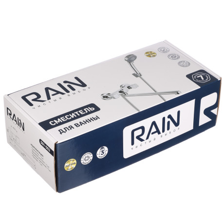 RAIN Смеситель для ванны Уран, прямой излив 35см, кранбуксы 1/2, душ. набор, ромб, латунь, хром