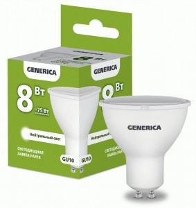GENERICA лампа св/д PAR16 GU10  8W(800lm) 4000K 4K 50x52 матов.  LL-PAR16-08-230-40-GU10-G
