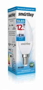 Smartbuy свеча C37 E14 12W(960lm) 6000К 6K 37х115 матовая пластик SBL-C37-12-60K-E14