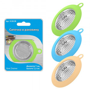 Ситечко д/раковины d=7см 3 дизайна (кратность 4!!!) металл/пластик VL34-36 Мультидом