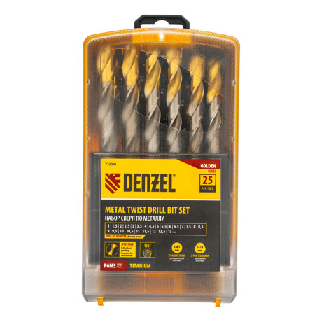 Набор сверл по металлу, 1-13 мм, Р6М5-TiN, Golden Tip, 25 шт Denzel