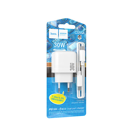 Сетевое зарядное устройство с кабелем hoco. модель CS55A,USB+C 30Вт,каб С-С, белый