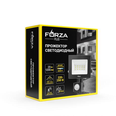 FORZA Прожектор светодиодный с датчиком движения 20Вт, 220-250В, IP44, 1200lm, 4000K, 120°