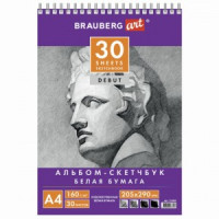 Скетчбук, белая бумага 160 г/м2, 205х290 мм, 30 л., гребень, жёсткая подложка, BRAUBERG ART &quot;DEBUT&quot;,
