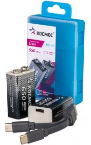 Ак-р Космос 6F22/Крона Li-ion 9V 650mWh (~500mAh) прям. заряд USB-C BOX2 пласт. кейс KOCLi9V650mAh2B