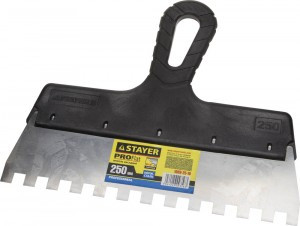 Шпатель STAYER "PROFESSIONAL" нержавеющий зубчатый с пластмассовой ручкой, 250мм, зуб 10х10мм