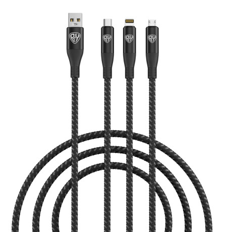 Рыжий Кабель для зарядки 3в1, iP/Micro USB/Type-C, 1.5м, 2.4А, тканевая оплётка, серый