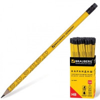 Карандаш ч/гр BRAUBERG, 1 шт., &quot;Смайлики&quot;, НВ, желтый, улыбки, с резинкой, заточ., 180654
