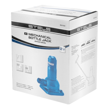 Домкрат механический бутылочный, 2 т, h подъема 210 - 390 мм, 2 части (домкрат, ручка) Stels