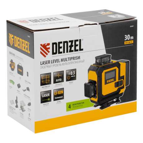 Лазерный уровень мультипризменный DLV-360-4C, 30 м, зеленый луч, Li-Ion 2,4 Aч, кейс// Denzel
