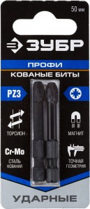 Биты ЗУБР "ПРОФИ" Pozidrive, тип хвостовика E 1/4", PZ3, 50мм, 2шт, на карточке