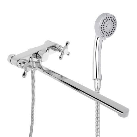 RAIN Смеситель для ванны Уран, прямой излив 35см, кран-буксы 1/2, душ. набор, крест, латунь, хром