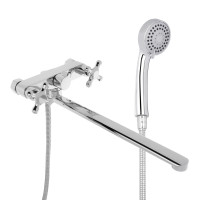 RAIN Смеситель для ванны Уран, прямой излив 35см, кран-буксы 1/2, душ. набор, крест, латунь, хром