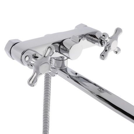 RAIN Смеситель для ванны Уран, прямой излив 35см, кран-буксы 1/2, душ. набор, крест, латунь, хром