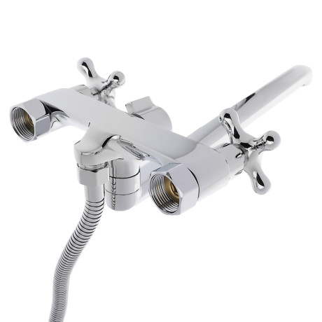 RAIN Смеситель для ванны Уран, прямой излив 35см, кран-буксы 1/2, душ. набор, крест, латунь, хром