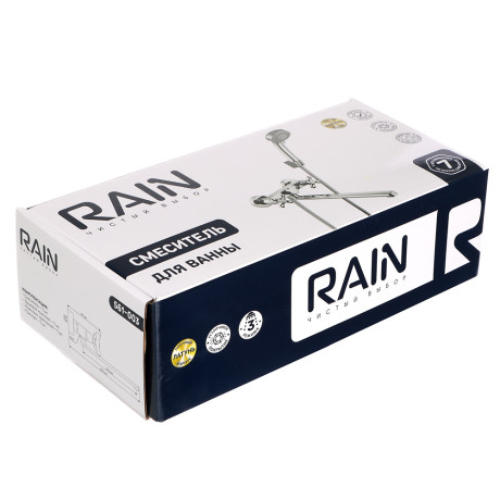 RAIN Смеситель для ванны Уран, прямой излив 35см, кран-буксы 1/2, душ. набор, крест, латунь, хром