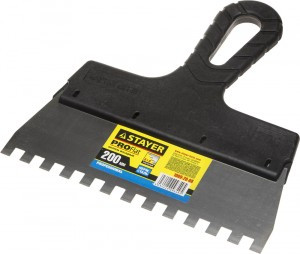 Шпатель STAYER "PROFESSIONAL" нержавеющий зубчатый с пластмассовой ручкой, 200мм, зуб 8х8мм