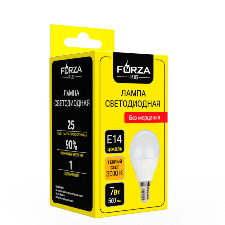 FORZA Лампа светодиодная G45 7 Вт, Е14, 560 Лм, 3000 К, 175-265 В, Ra>80, IRF <5%, 1 год гар.
