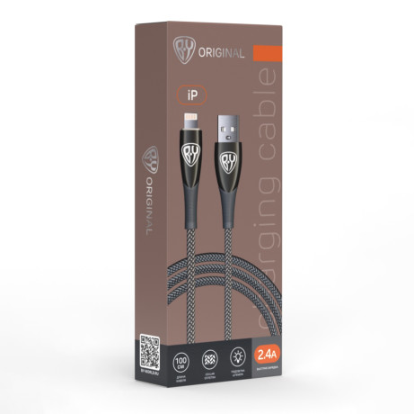 BY Кабель для зарядки Сириус iP, 1м, 2.4А, Быстрая зарядка, штекер металл, серый