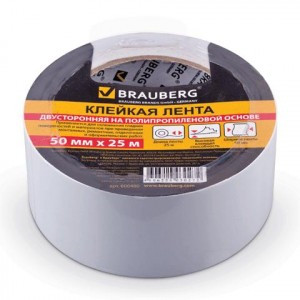 Клейкая лента двухсторонняя 50мм х 25м BRAUBERG основа-полипропилен, гарантиров.длина, 90мкм, 600480
