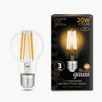 Gauss лампа св/д Filament ЛОН A60 E27 20W(1800lm) 4100K 4K 105x60 филам (нитевид), прозр. 102902120