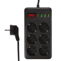 BY Удлинитель, сетевой фильтр Black 6 розеток, 3 м, 3*USB, 1*type-C,выкл., 2500Вт,чёрный