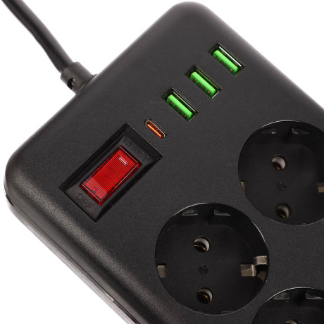 BY Удлинитель, сетевой фильтр Black 6 розеток, 3 м, 3*USB, 1*type-C,выкл., 2500Вт,чёрный