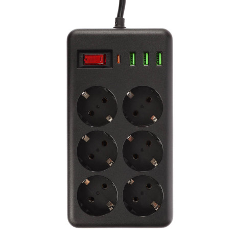 BY Удлинитель, сетевой фильтр Black 6 розеток, 3 м, 3*USB, 1*type-C,выкл., 2500Вт,чёрный