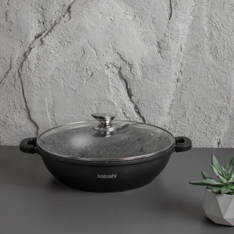 SATOSHI Лион Сотейник с крышкой 5,2л d32х8,2см, а/приг.покр.Мрамор, силик.протекторы ручек, индукц