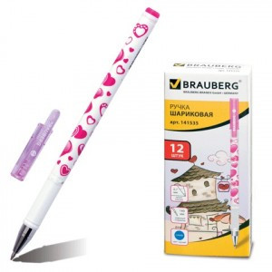 Ручка шарик. BRAUBERG "Сердечки", корпус с печатью, узел 0,7мм, линия 0,35мм, синяя 141535