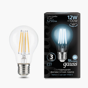 Gauss лампа св/д Filament ЛОН A60 E27 12W(1250lm) 4K 105x60 филамент (нитевидная), прозр. 102902212