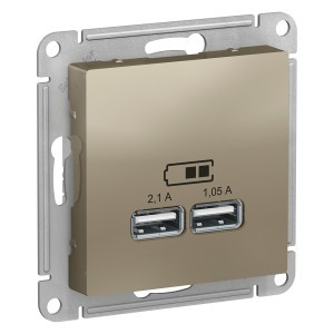 Systeme Electric AtlasDesign мех роз СУ 1 мест 2хUSB шампань A+A Iв=1,05-2,1А Uв=5В(пл осн)ATN000533