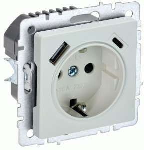 IEK BRITE мех. роз. СУ земля, штор. 16А с USB A+C 18Вт РЮш11-1-БрЖ жемч. BR-R14-16-U22-018-K36